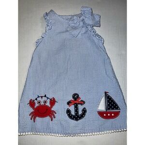 GoodLad girls striped seersucker ruffled nautical,sailboat,crab,anchor dress 2T
